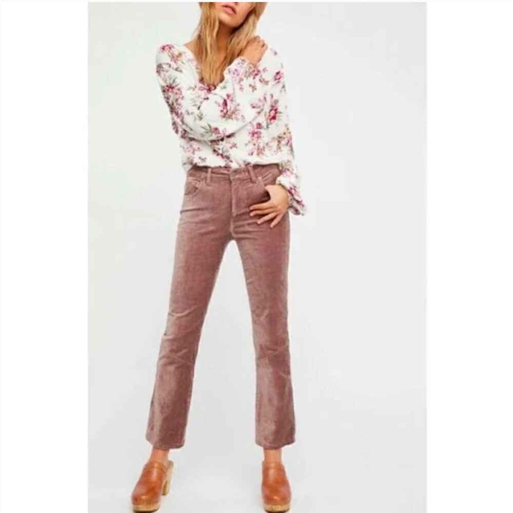 Free People Women's Size 26 Velvet Crop Flare Pants Taupe Brown Purple Stretch